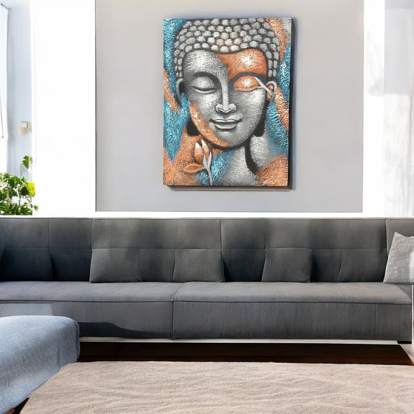 Buddha festmény – Ezüst és rozéarany virág 75x55cm