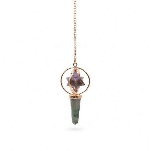 Cosmic Navigator- Two Piece Spinning Merkaba Star in Copper Pendulum -  Amethyst & Labradorite