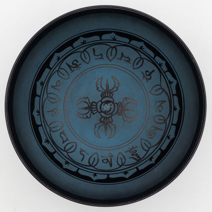Nagy alumínium éneklő tál – tibeti dupla Dorje kivitel – kék (27 cm)