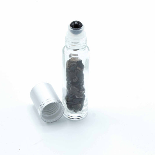 Drágakő illóolaj roll-on üveg - Fekete Turmalin - Ezüst kupak + Drágakő roll-on hegy 5 ml-es üveghez - Fekete Turmalin