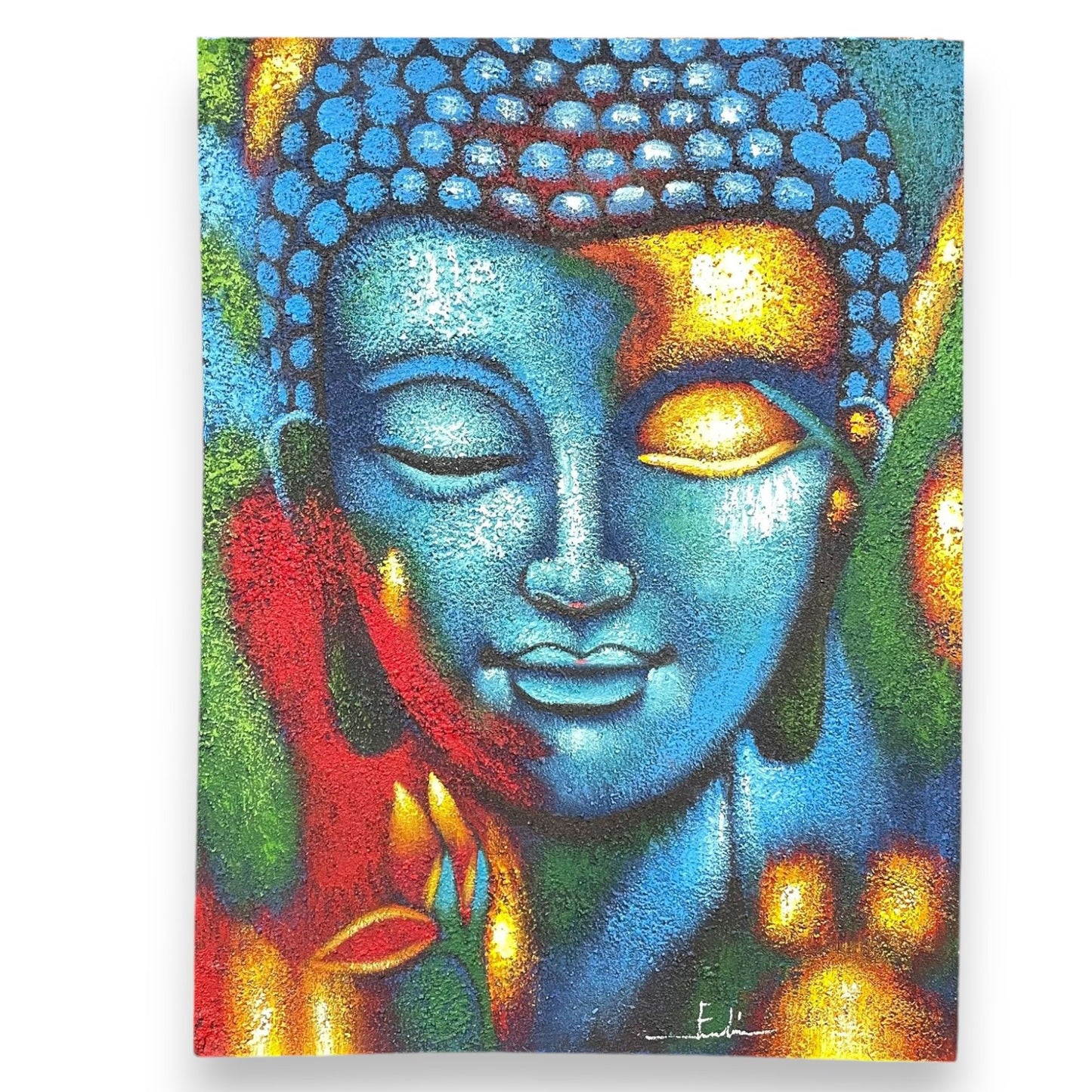 Buddha festmény – kék és arany virág, 75x55 cm