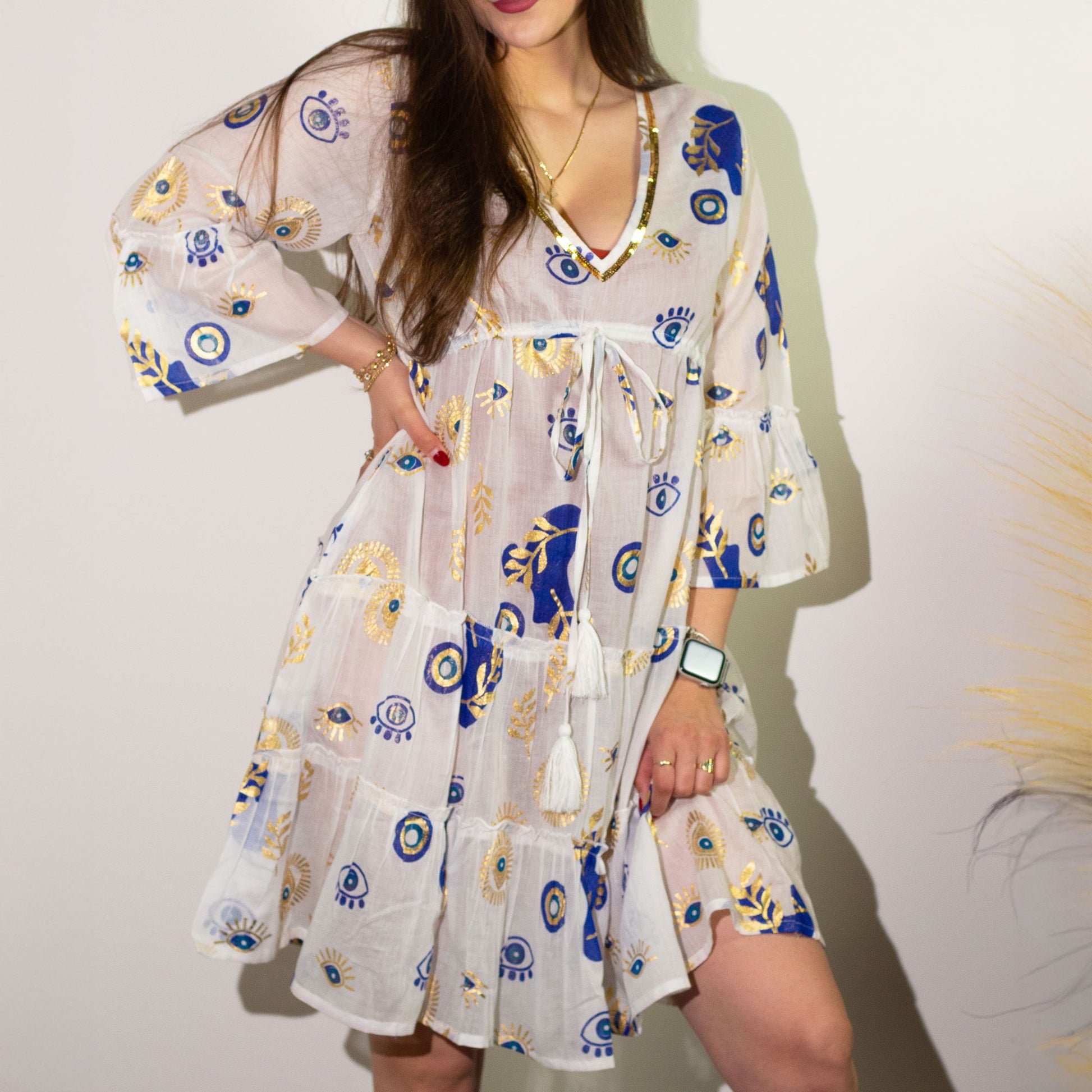 Nomad Sari On the Med Collection - Dress - White, Blue & Gold Evil Eye