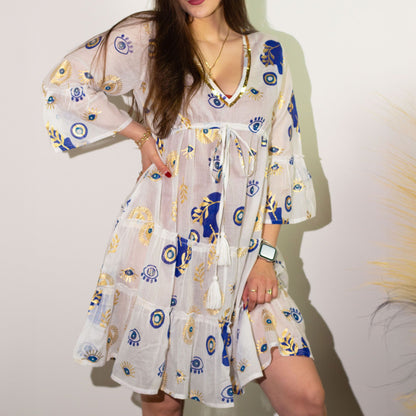 Nomad Sari On the Med Collection - Dress - White, Blue & Gold Evil Eye
