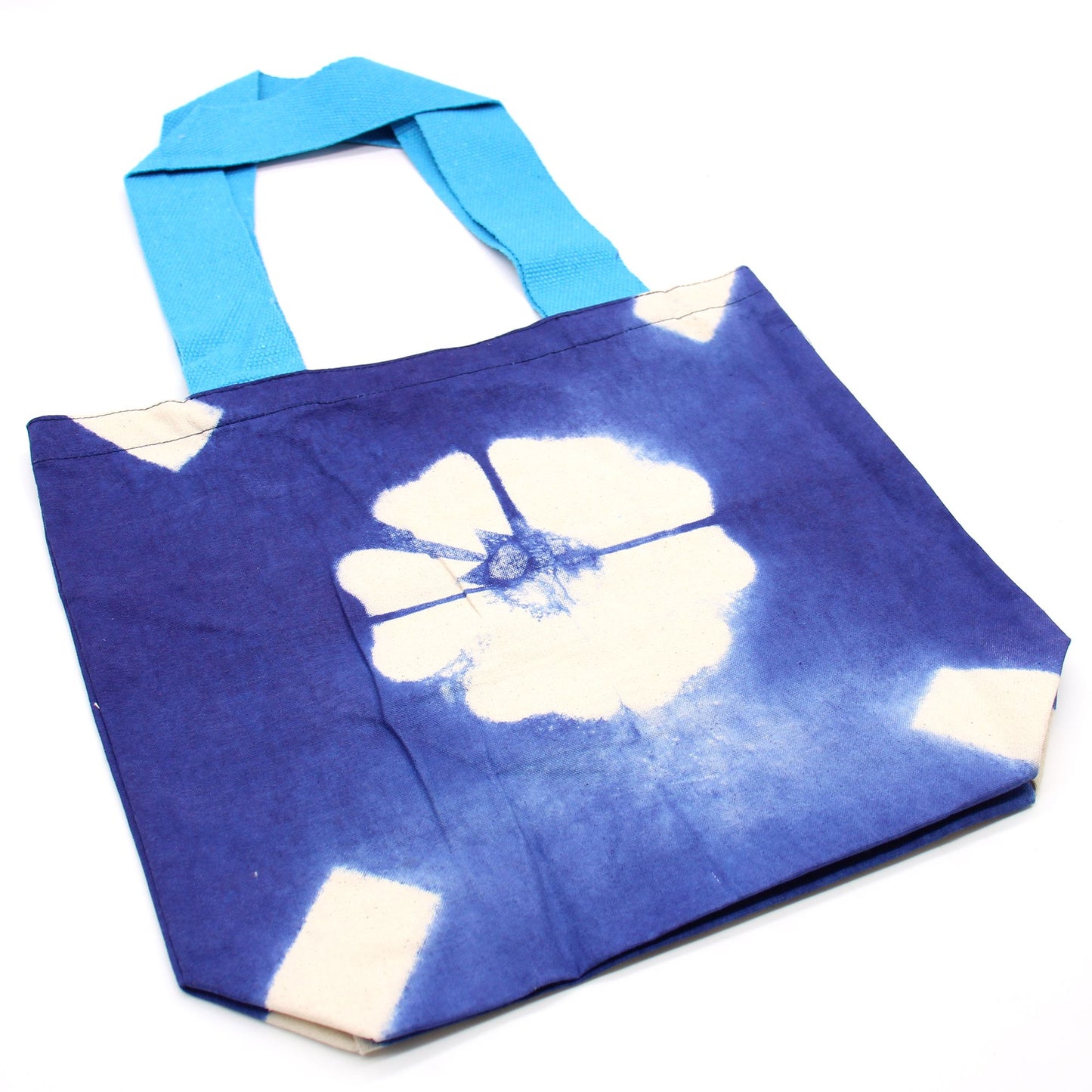 Natúr batikolt pamut táska (8oz) - 38x42x12cm - Kék virág - Kék fogantyú