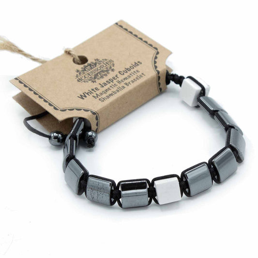 Mágneses hematit Shamballa karkötő - Fehér jáspis kockák