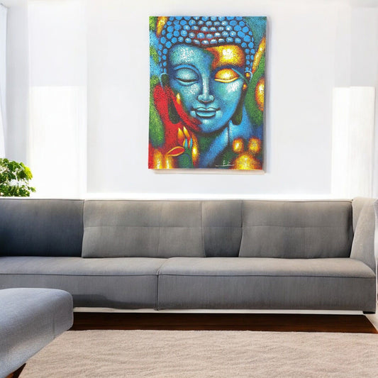 Buddha festmény – kék és arany virág, 75x55 cm