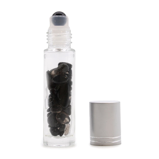 Drágakő illóolaj roll-on üveg - Fekete Turmalin - Ezüst kupak + Drágakő roll-on hegy 5 ml-es üveghez - Fekete Turmalin