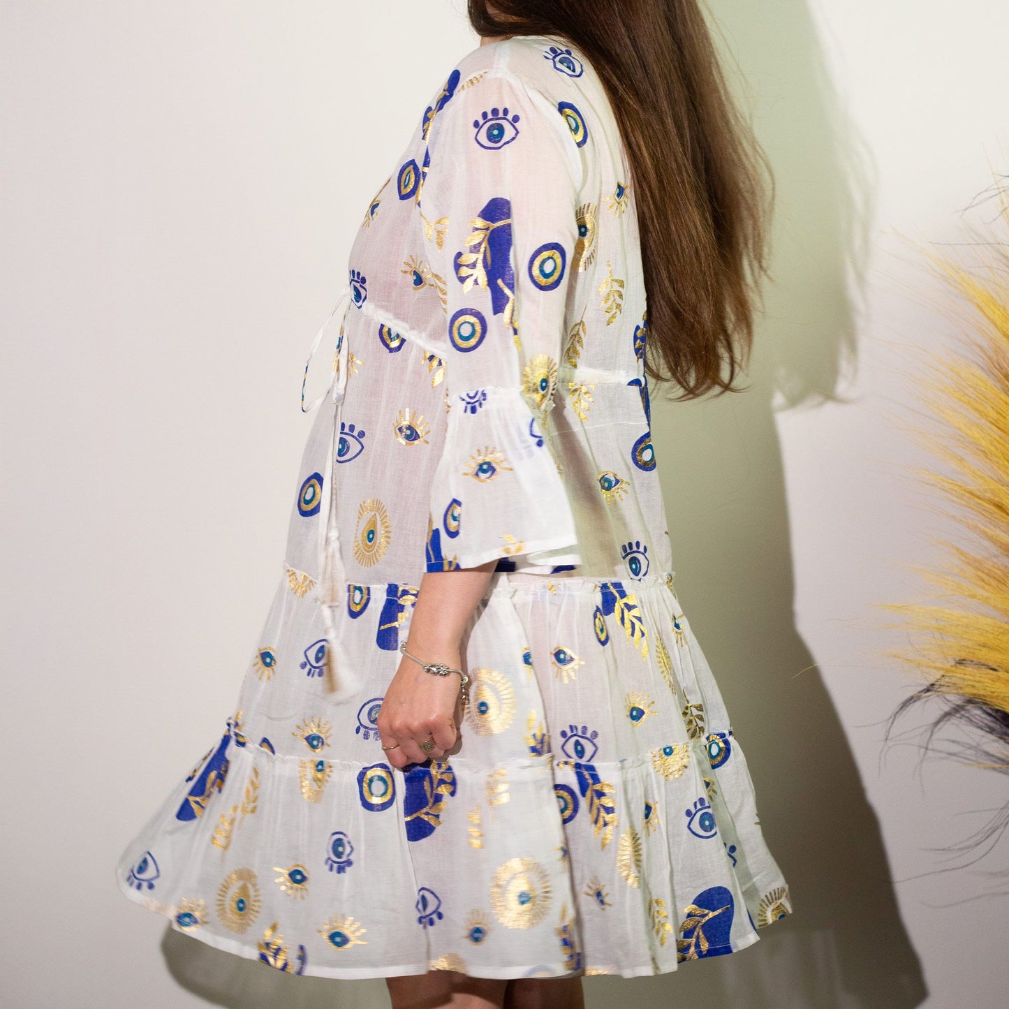Nomad Sari On the Med Collection - Dress - White, Blue & Gold Evil Eye