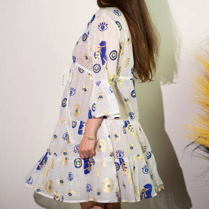 Nomad Sari On the Med Collection - Dress - White, Blue & Gold Evil Eye