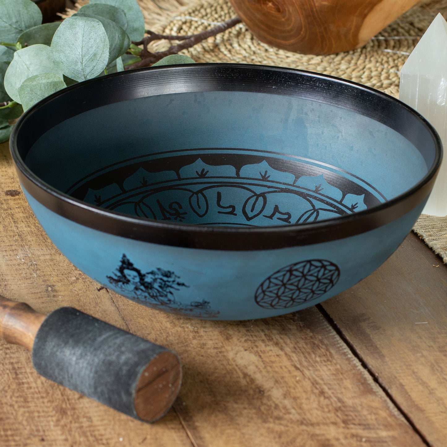 Nagy alumínium éneklő tál – tibeti dupla Dorje kivitel – kék (27 cm)