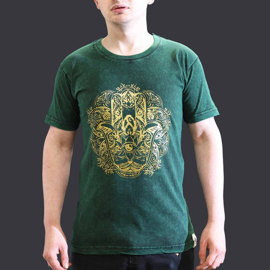 Nomad Sari kőmosott pamut póló – Hamsa – zöld – S