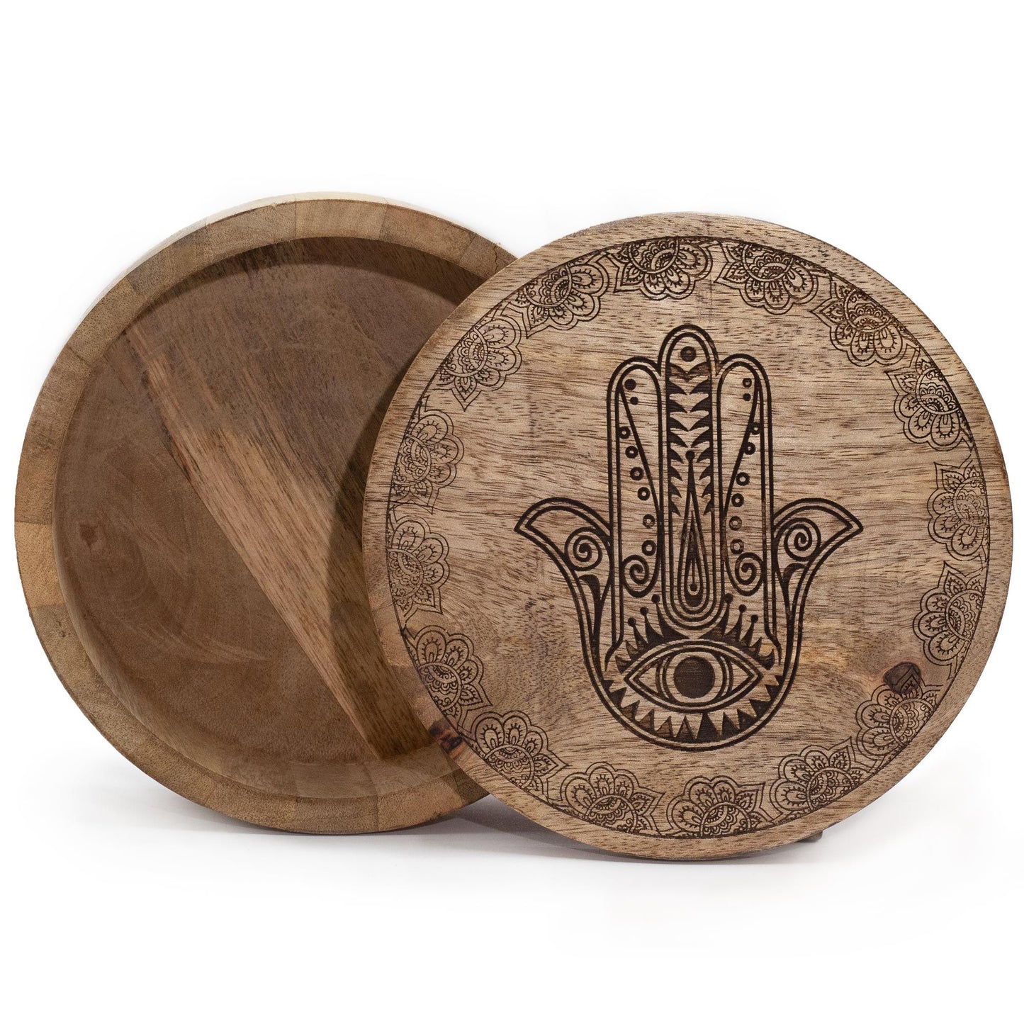 Nagy kerek doboz 17,5x7,5cm - Fekete gravírozott Hamsa