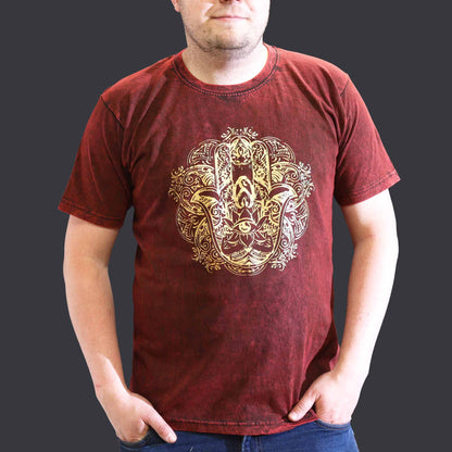 Nomád Szári Kőmosott Pamut Póló – Hamsa – Bordó – XL