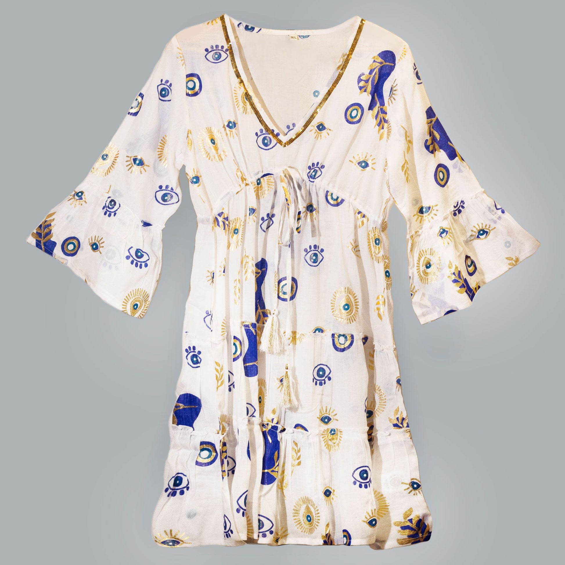 Nomad Sari On the Med Collection - Dress - White, Blue & Gold Evil Eye