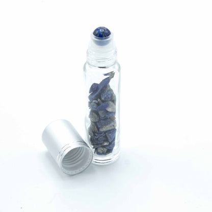 Drágakő illóolaj roll-on üveg – Szodalit – Ezüst kupak + drágakő roll-on hegy 5 ml-es üveghez – Szodalit