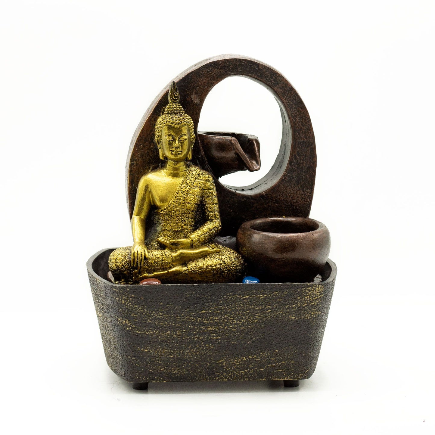 Asztali vízi dísz – 21,5 cm – Arany Buddha és cserepek