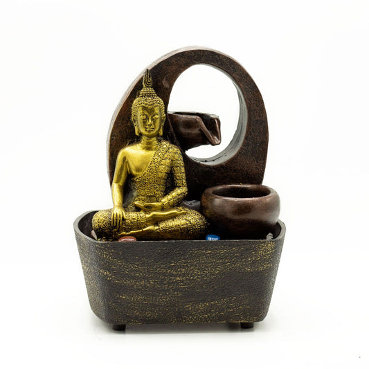 Asztali vízi dísz – 21,5 cm – Arany Buddha és cserepek