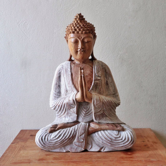 Kézzel faragott Buddha szobor - 40cm Üdvözöljük - Fehér mosás