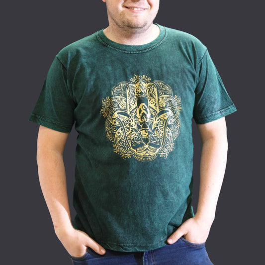Nomad Sari kőmosott pamut póló – Hamsa – zöld – XL