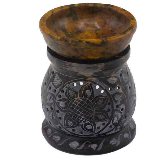 Szappankő Olajmécses 10cm - Mandala Virág - Fekete és Sárga