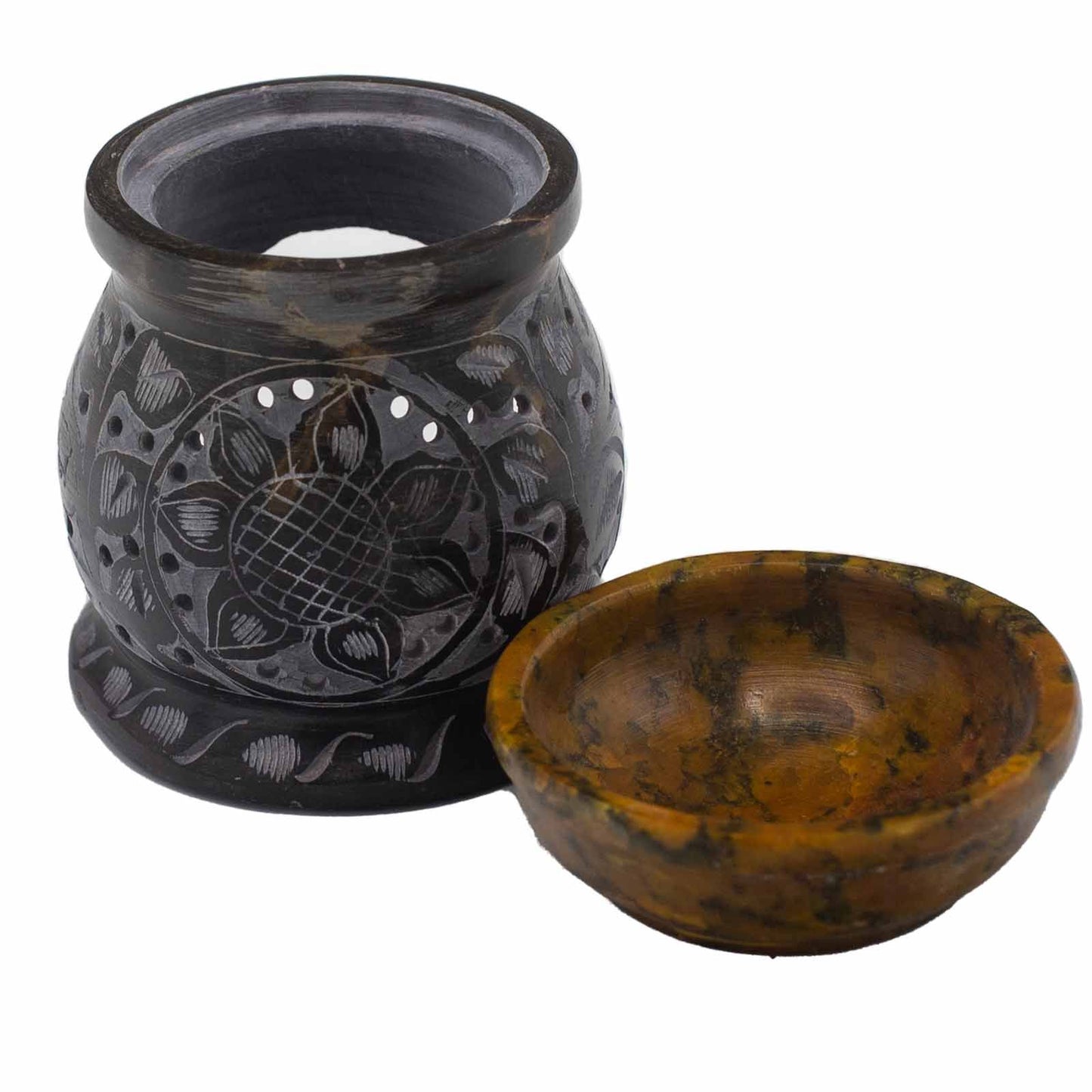 Szappankő Olajmécses 10cm - Mandala Virág - Fekete és Sárga