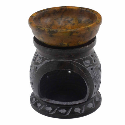 Szappankő Olajmécses 10cm - Mandala Virág - Fekete és Sárga