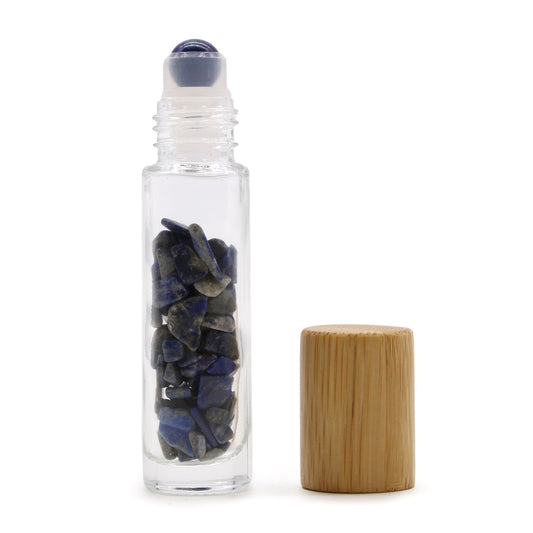 Drágakő illóolaj roll-on üveg - Szodalit - Fa kupak + Drágakő golyós applikátor 5 ml-es üveghez - Szodalit