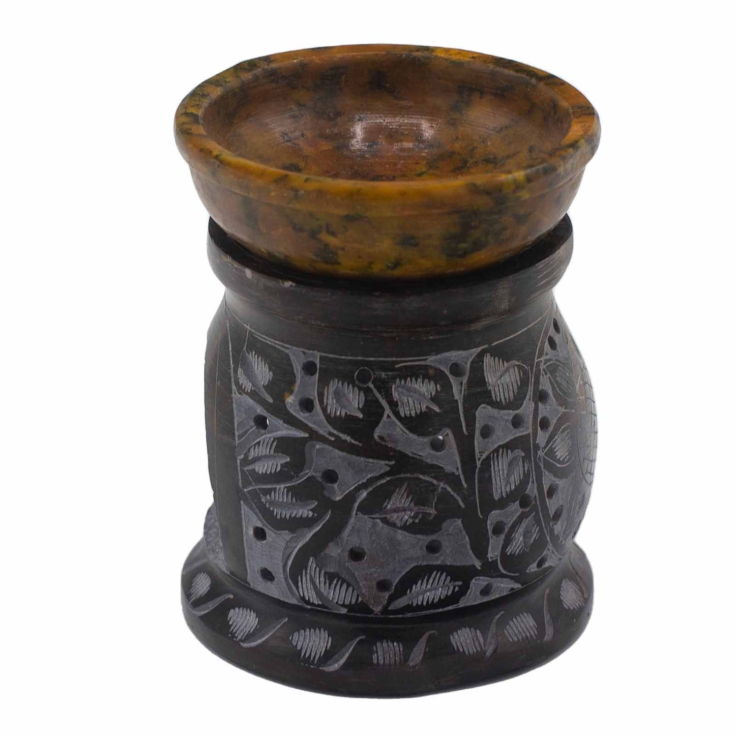 Szappankő Olajmécses 10cm - Mandala Virág - Fekete és Sárga