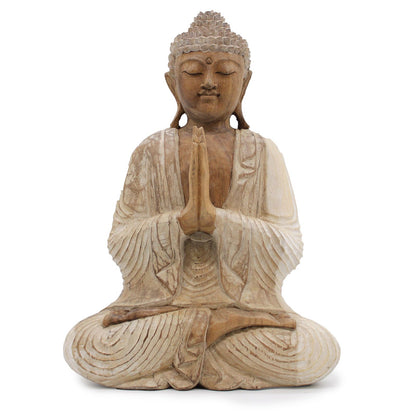 Kézzel faragott Buddha szobor - 40cm Üdvözöljük - Fehér mosás