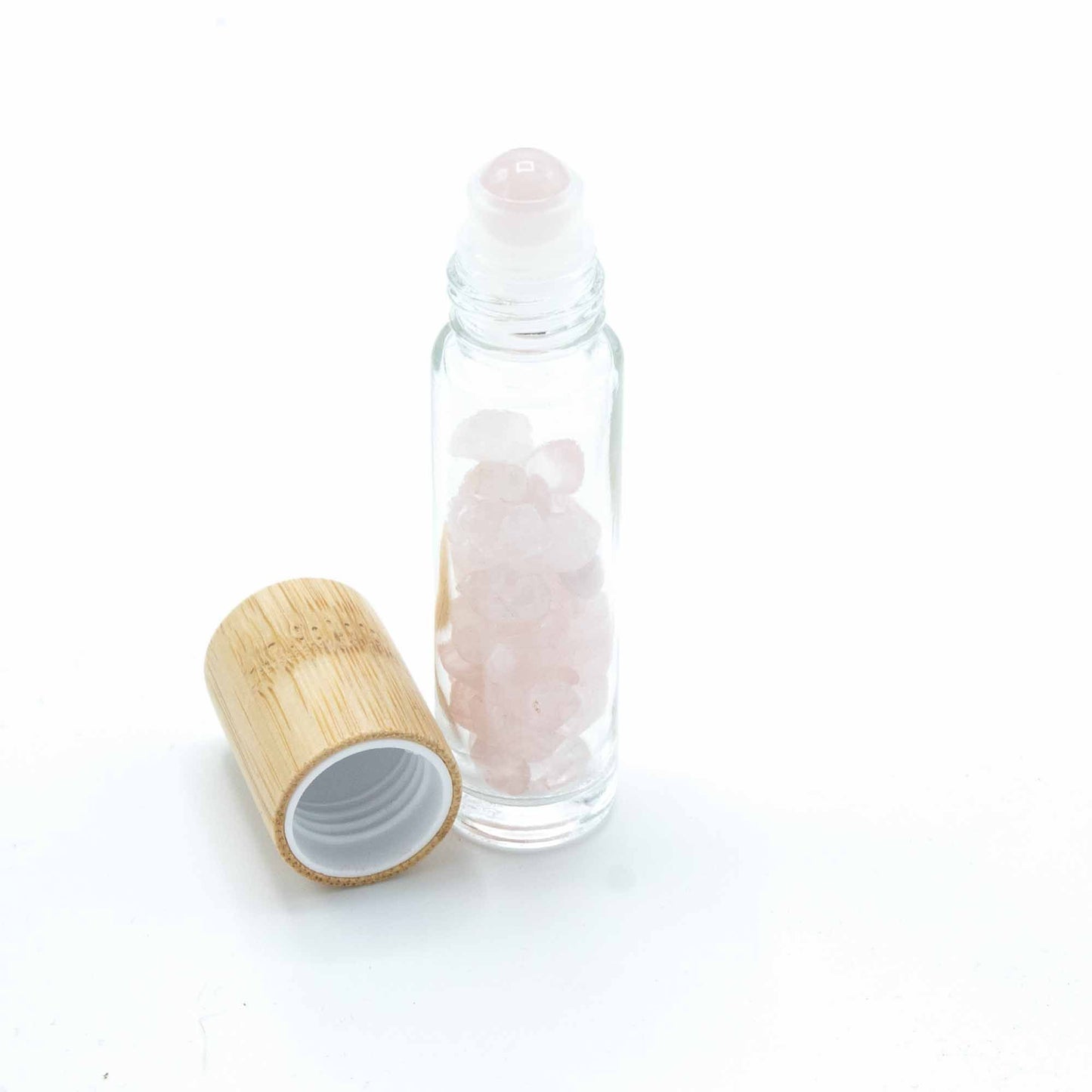 Gemstone Essential Oil Roller Bottle - Rose Quartz  - Wooden Cap + Gemstone Roller Tip for 5ml Bottle - Rose Quartz