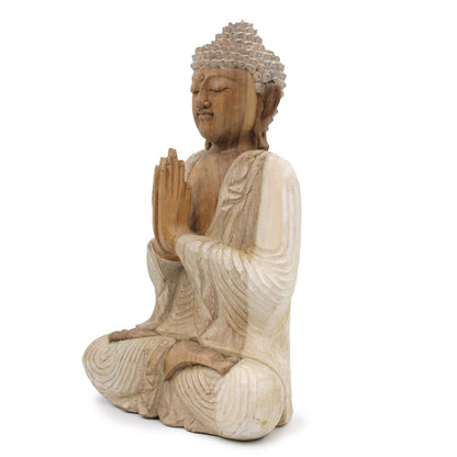 Kézzel faragott Buddha szobor - 40cm Üdvözöljük - Fehér mosás