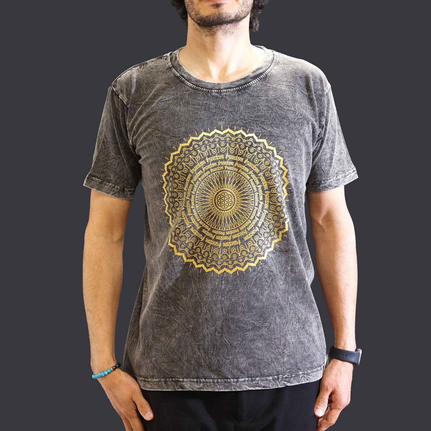 Nomad Sari Stonewashed Cotton T-Shirt - Mandala - Dark Grey