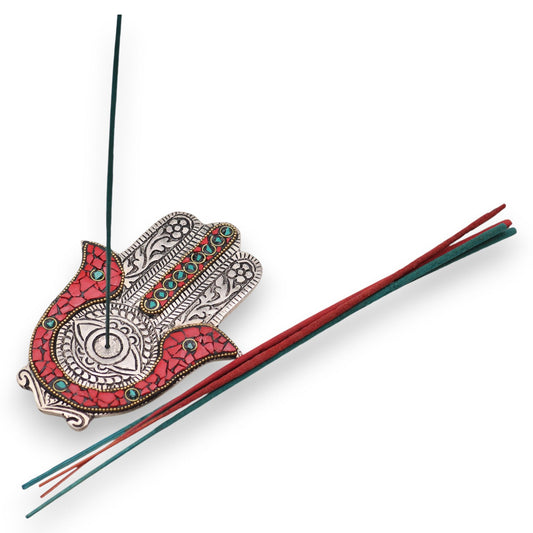 Vörös és zöld kis Hamsa füstölőtartó 13x5.5cm