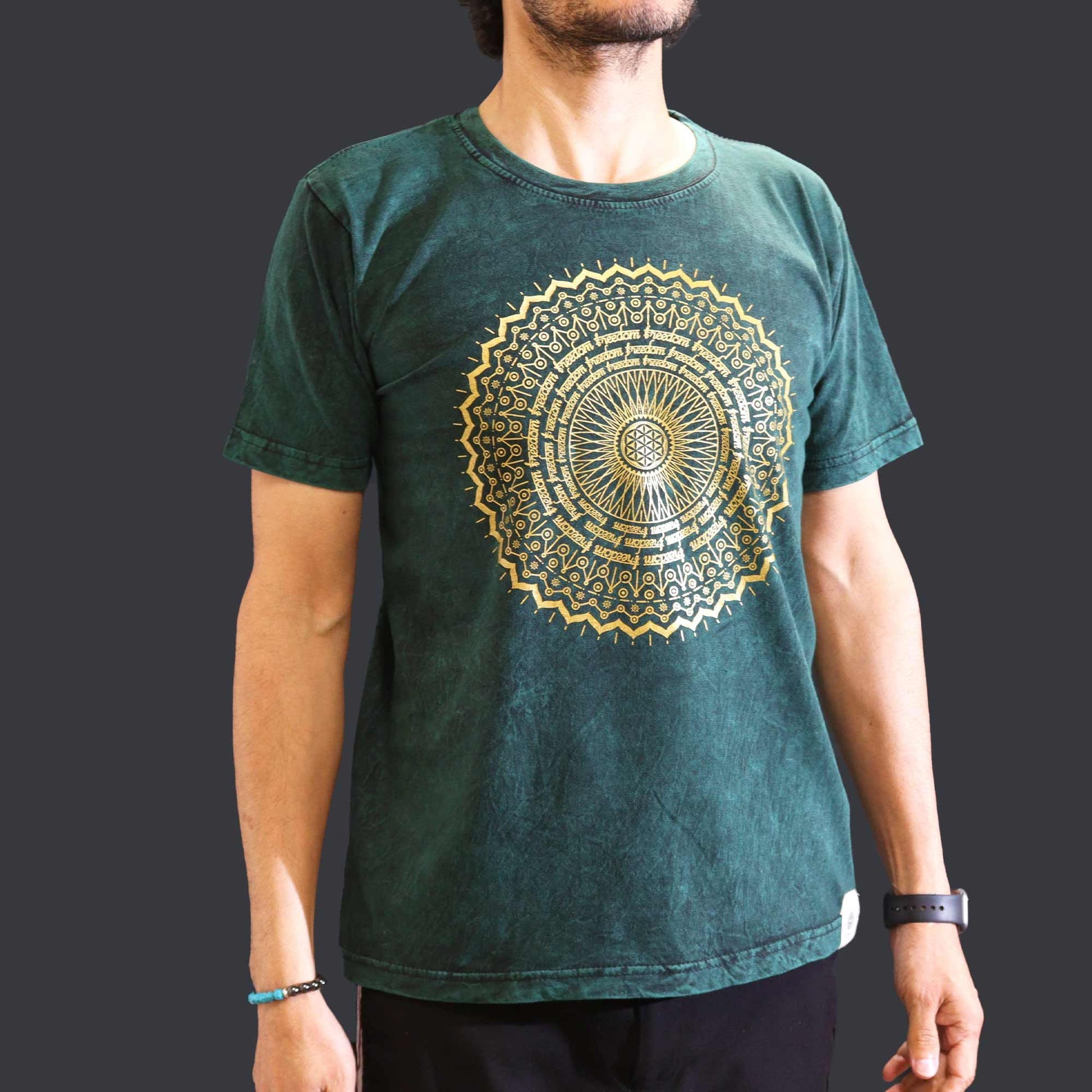 Nomad Sari Stonewashed Cotton T-Shirt - Mandala - Green