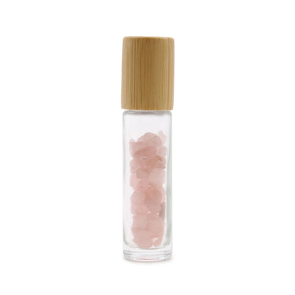 Gemstone Essential Oil Roller Bottle - Rose Quartz  - Wooden Cap + Gemstone Roller Tip for 5ml Bottle - Rose Quartz