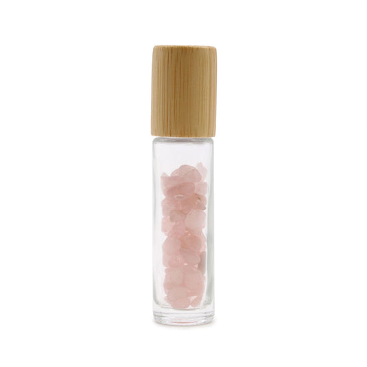 Drágakő illóolaj roll-on palack - Rózsakvarc - Fa kupak + Drágakő roll-on hegy 5 ml-es palackhoz - Rózsakvarc