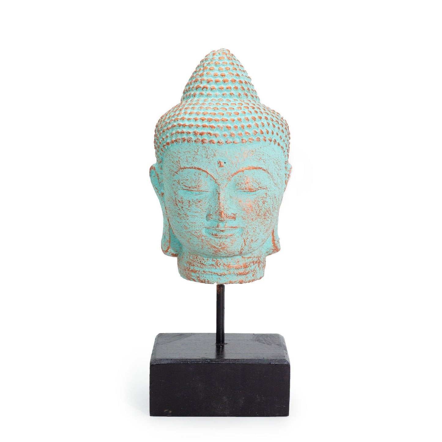 Nyugalmi Buddha fej állványon - Zöld réz