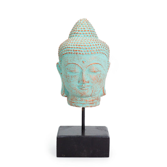 Nyugalmi Buddha fej állványon - Zöld réz