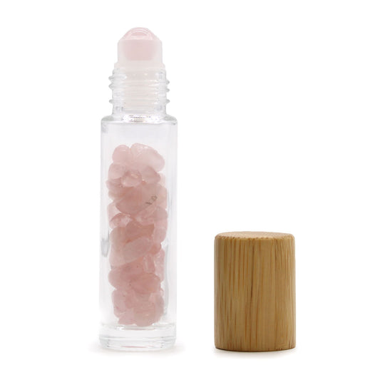 Drágakő illóolaj roll-on palack - Rózsakvarc - Fa kupak + Drágakő roll-on hegy 5 ml-es palackhoz - Rózsakvarc
