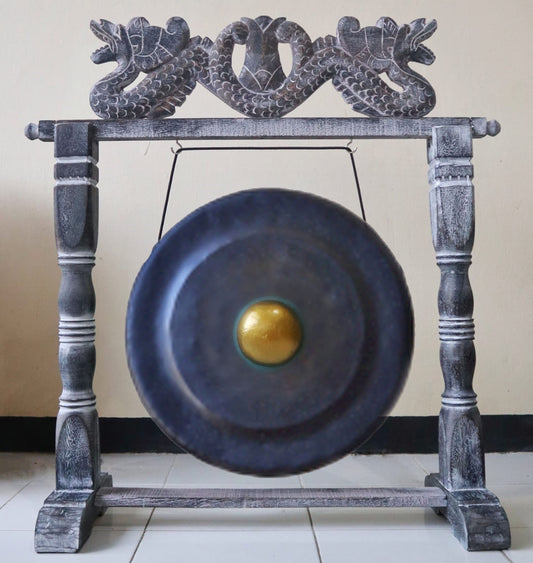 Nagy méretű gong, barna antik állványon - 80 cm - fekete