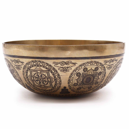 Tibeti Gyógyító Gravírozott Tál – 21cm – 7 Csakra és az Élet Virága