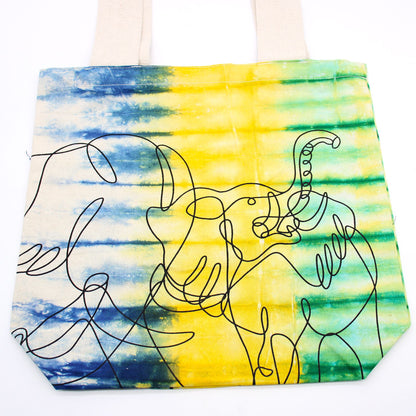 Batikolt pamuttáska (6oz) - 38x42x12cm - Elefántok - Színes - Natúr fogantyú