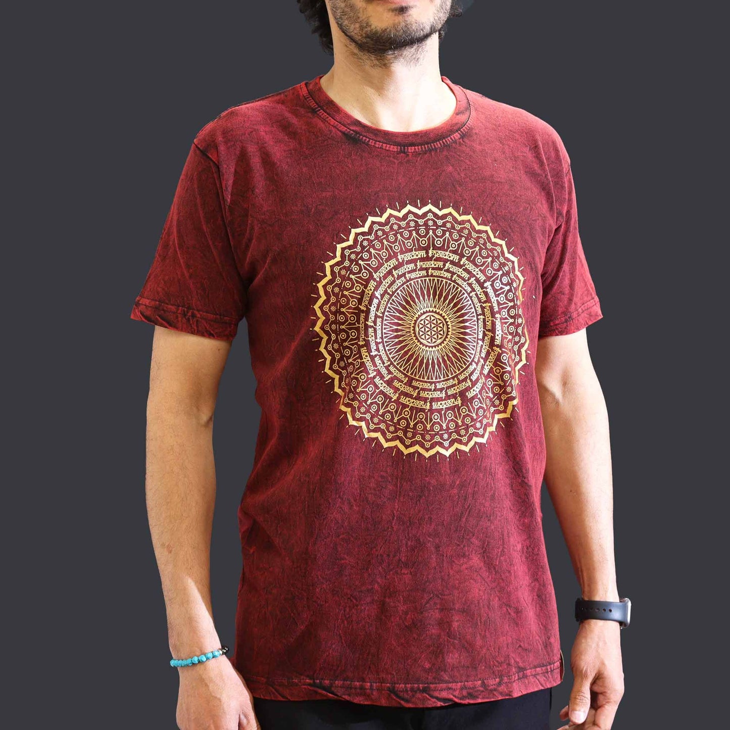Nomad Sari Stonewashed pamut póló – Mandala – Bordó – M-es