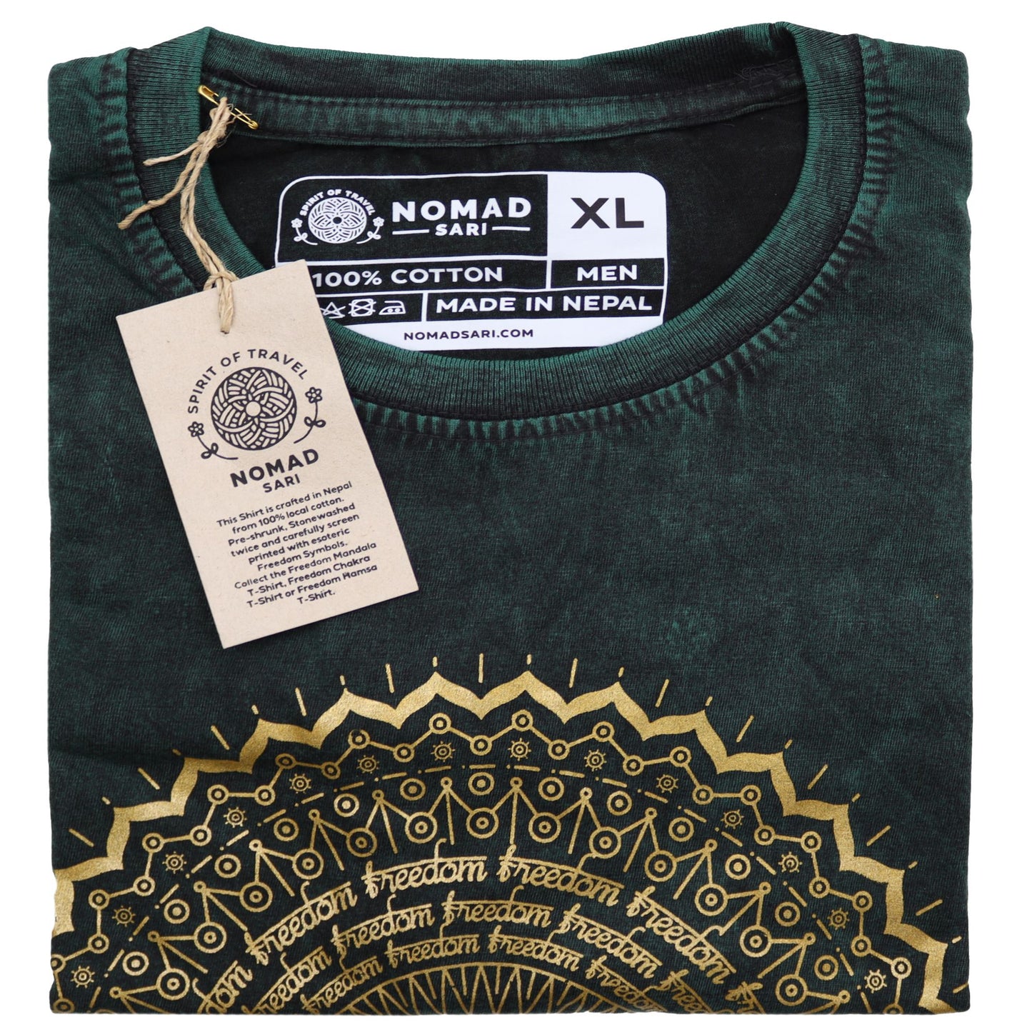Nomad Sari kőmosott pamut póló – Mandala – Zöld – XL