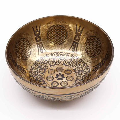Tibeti Gyógyító Gravírozott Tál – 21cm – 7 Csakra és az Élet Virága