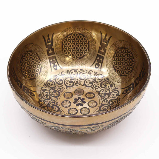 Tibeti Gyógyító Gravírozott Tál – 21cm – 7 Csakra és az Élet Virága