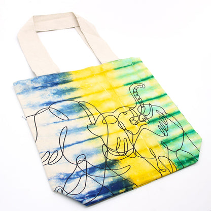 Batikolt pamuttáska (6oz) - 38x42x12cm - Elefántok - Színes - Natúr fogantyú
