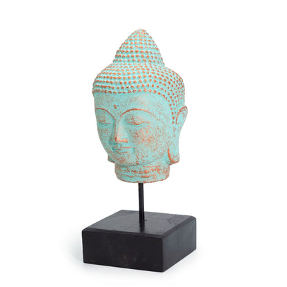 Nyugalmi Buddha fej állványon - Zöld réz