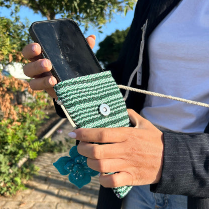 Telefontartó Táska Csíkos Zöld - virágdísz