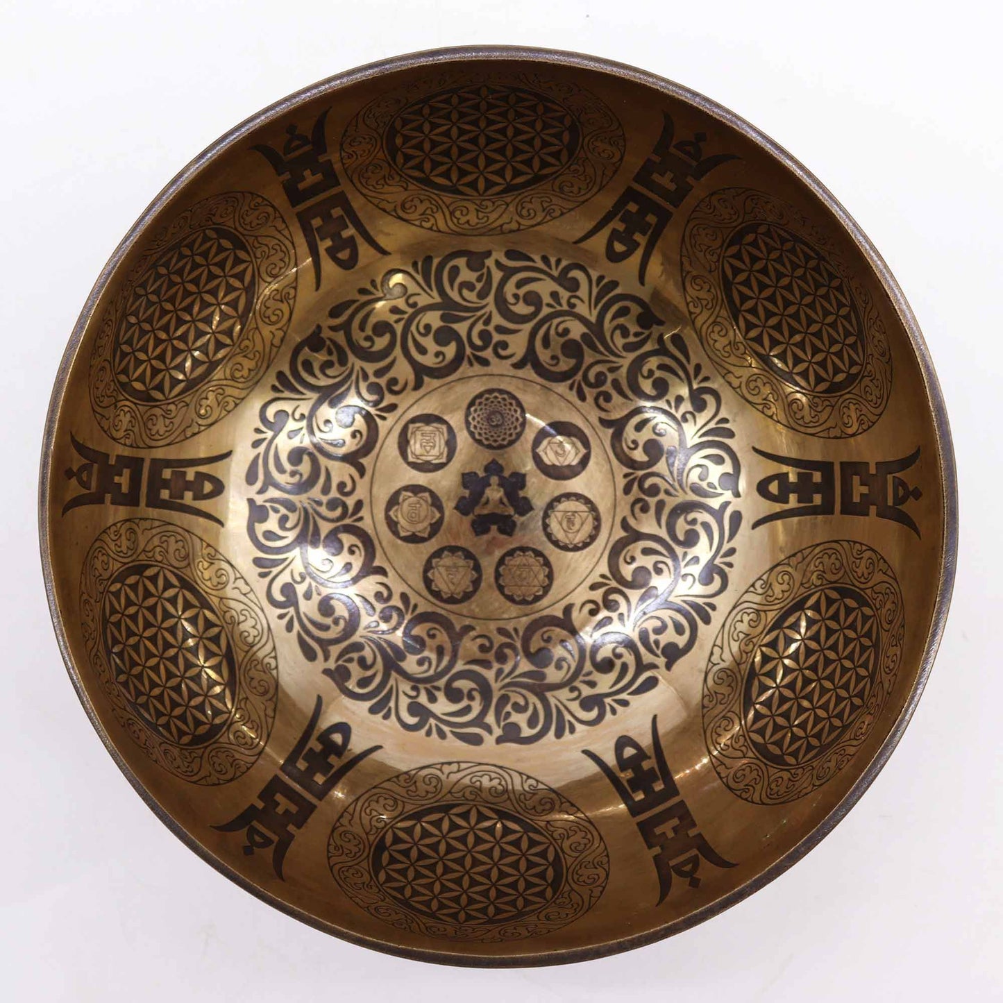 Tibeti Gyógyító Gravírozott Tál – 21cm – 7 Csakra és az Élet Virága